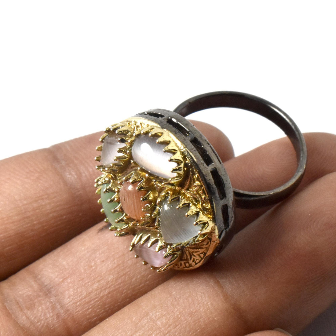 Multi Stone Ring: Black Plated Adjustable Cocktail Ring