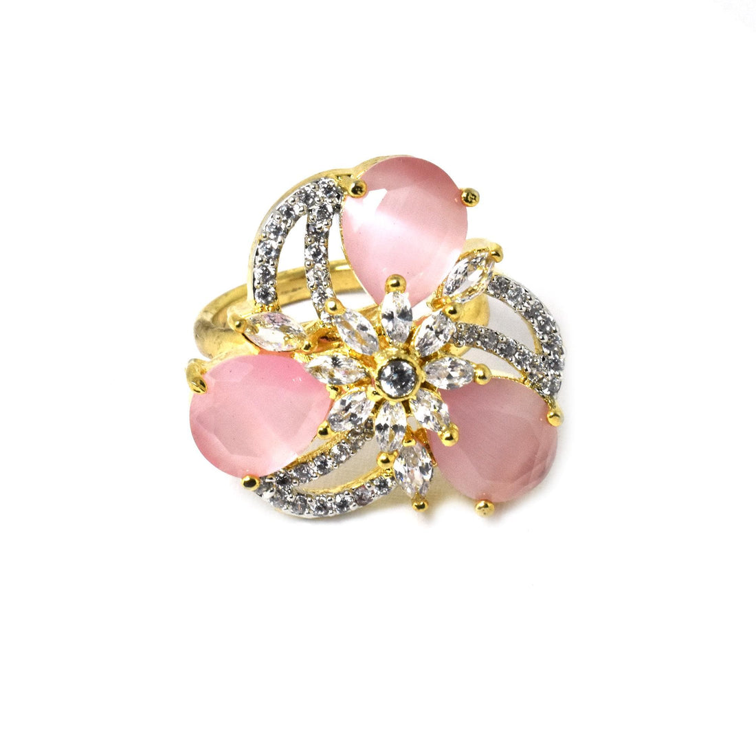 Rose Quartz Ring: Gold Plated Pear Stone & CZ Diamond — 3