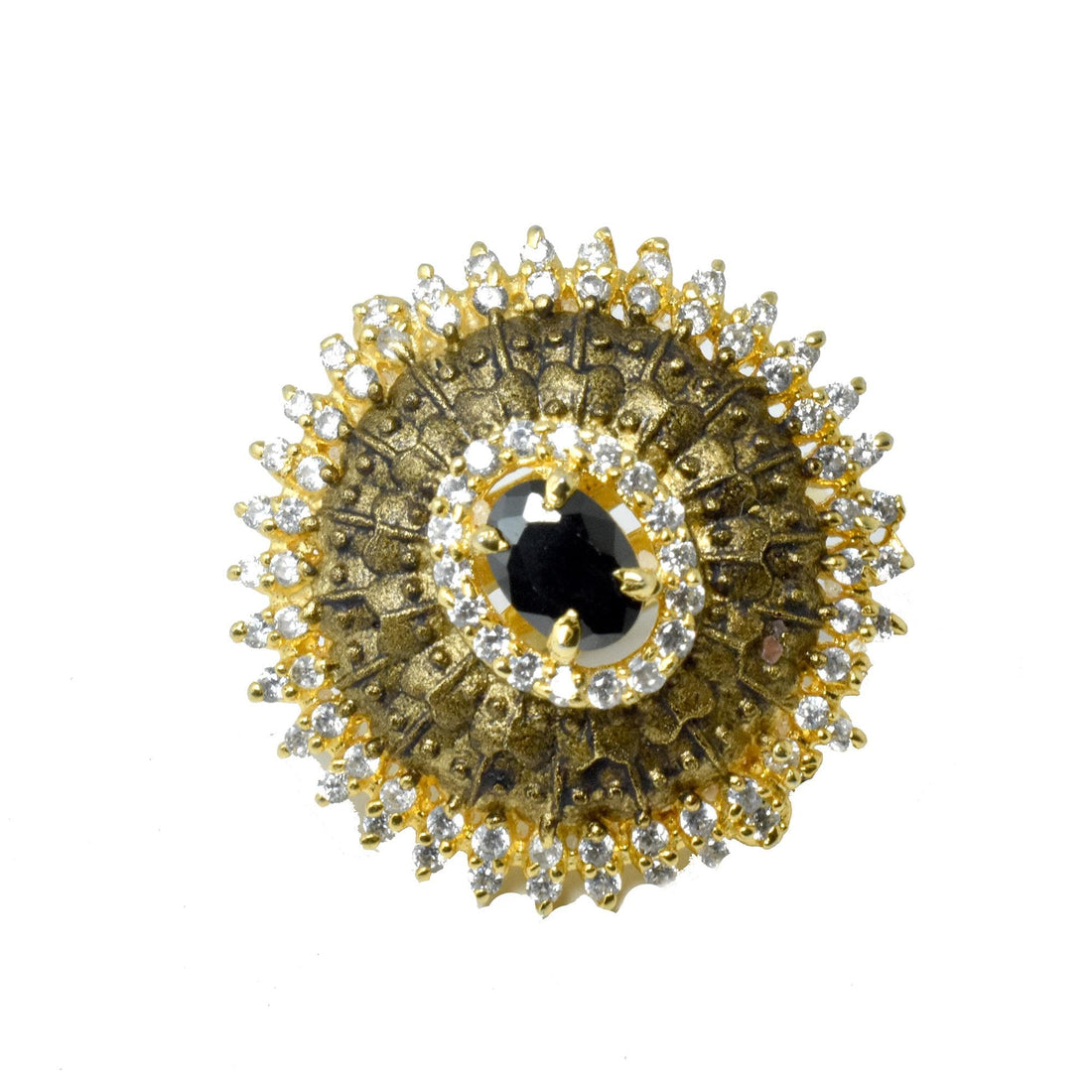 Black Onyx & CZ Ring: Gold Plated Adjustable Ring