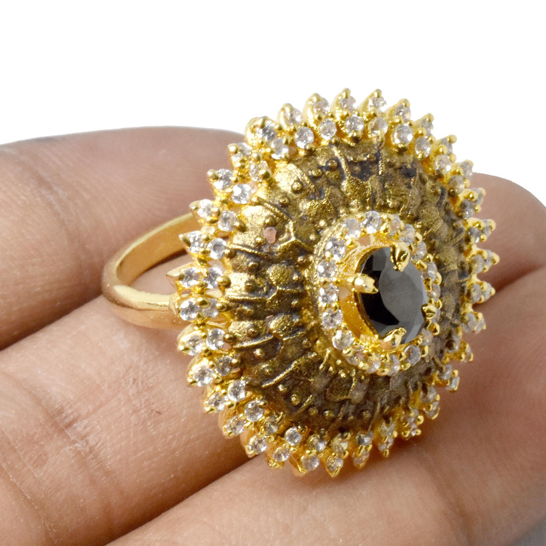 Black Onyx & CZ Ring: Gold Plated Adjustable Ring — 5
