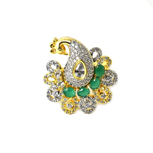 Emerald CZ Diamond Peacock Ring: 22k Gold Plated Kundan Jewelry
