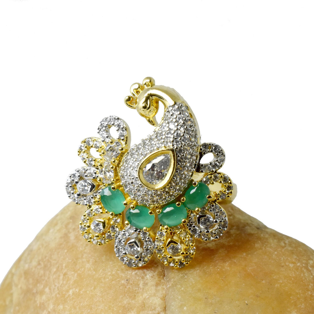 Emerald CZ Diamond Peacock Ring: 22k Gold Plated Kundan Jewelry — 5