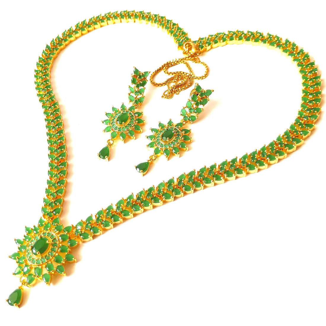 Emerald Long Necklace for Women | Traditional Green Stone Layered Jewelry | Long Emerald Green Beaded Necklace | Gift For Her — 3