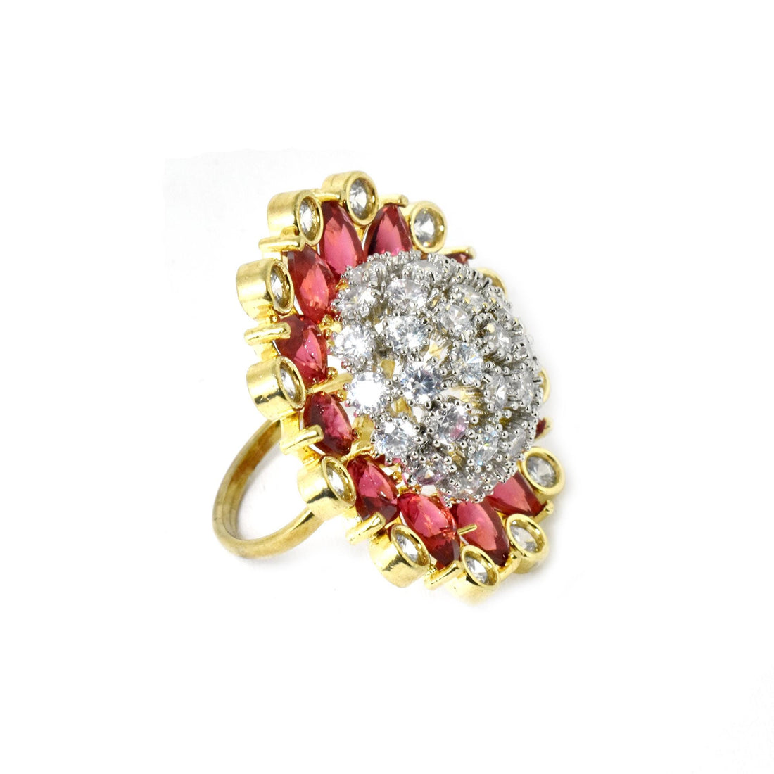 Ruby & CZ Diamond Ring: 22k Gold Plated Cocktail Statement Ring — 2