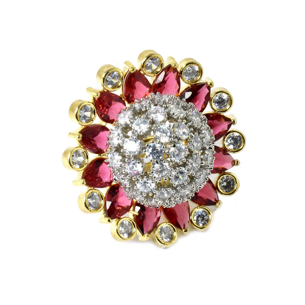 Ruby & CZ Diamond Ring: 22k Gold Plated Cocktail Statement Ring