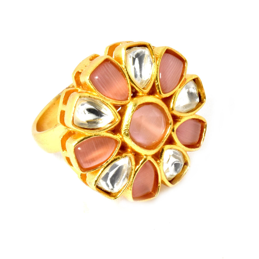 Gold Plated Floral Kundan Ring: Adjustable Multi Stone Statement Ring | Gift For Her — 3