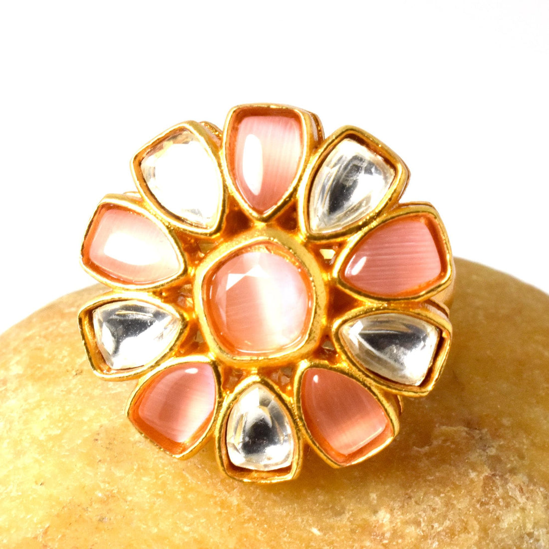 Gold Plated Floral Kundan Ring: Adjustable Multi Stone Statement Ring | Gift For Her