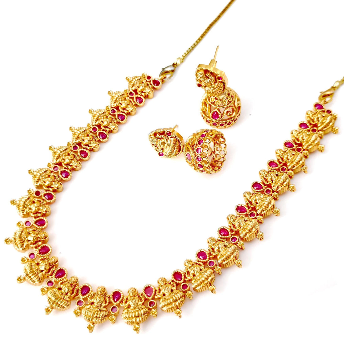 Goddess Lakshmi Ruby Necklace Set | 22k Gold Plated South Indian Temple Jewelry | Traditional Bollywood Style Bridal Necklace — 5