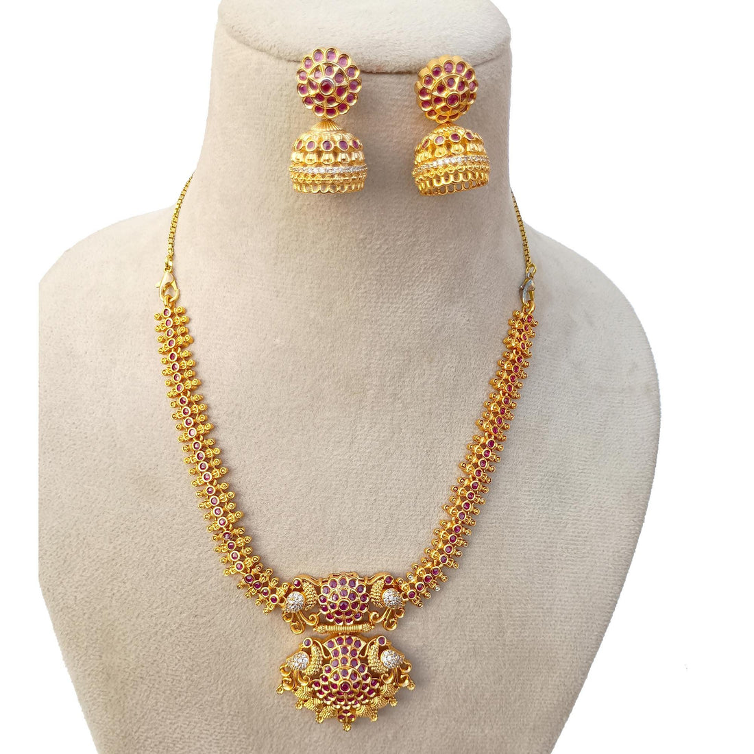 22k Gold Plated Ruby Necklace Set | South Indian Traditional Bollywood Style Jewelry | Gift for Her | Gold Plated Necklace Set for Women — 3