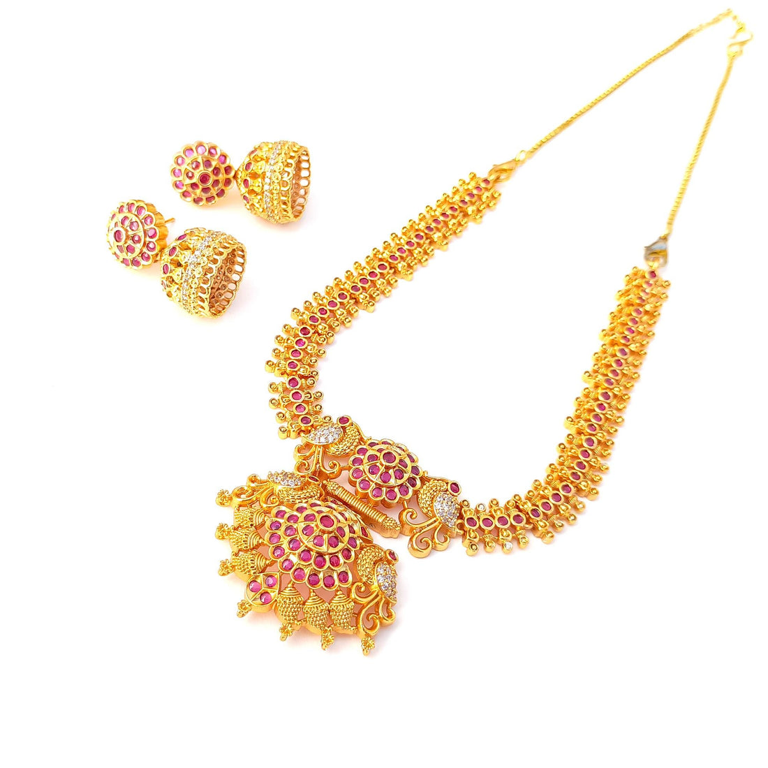 22k Gold Plated Ruby Necklace Set | South Indian Traditional Bollywood Style Jewelry | Gift for Her | Gold Plated Necklace Set for Women — 5