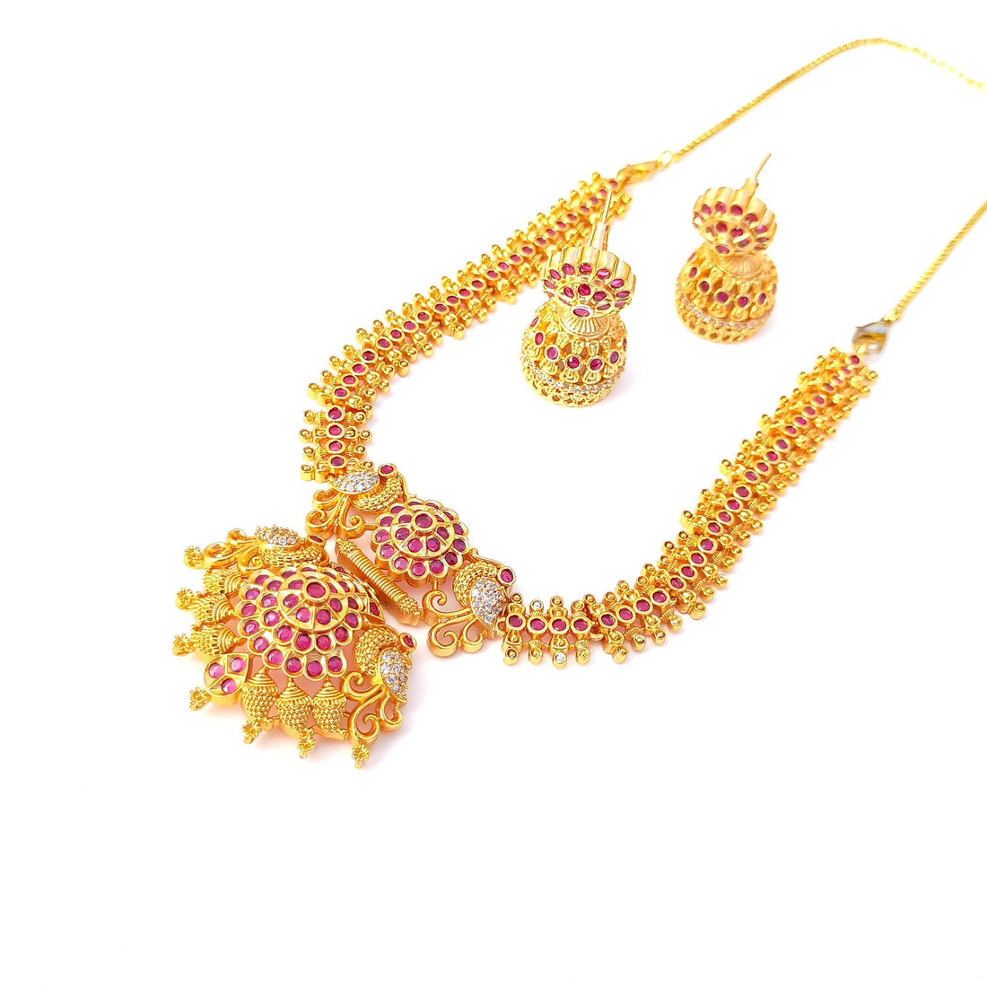 22k Gold Plated Ruby Necklace Set | South Indian Traditional Bollywood Style Jewelry | Gift for Her | Gold Plated Necklace Set for Women — 7