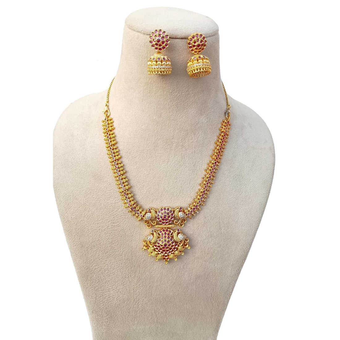 22k Gold Plated Ruby Necklace Set | South Indian Traditional Bollywood Style Jewelry | Gift for Her | Gold Plated Necklace Set for Women — 4