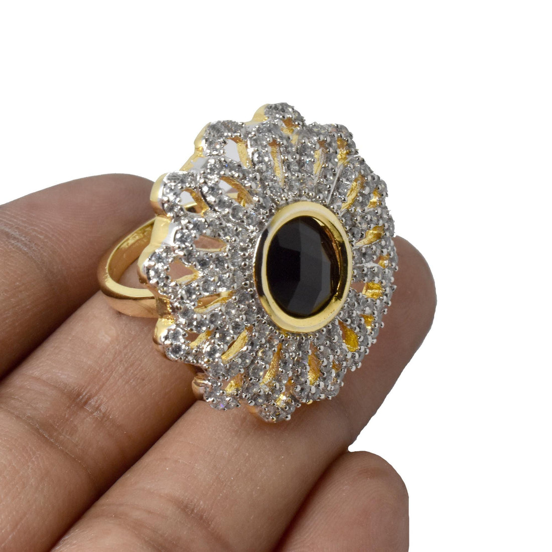 Black Onyx CZ Diamond Adjustable Ring | Gold Plated Ring | Cocktail Ring | Bridal Ring | Wedding Ring | Engagement Ring | Gift for Her — 5