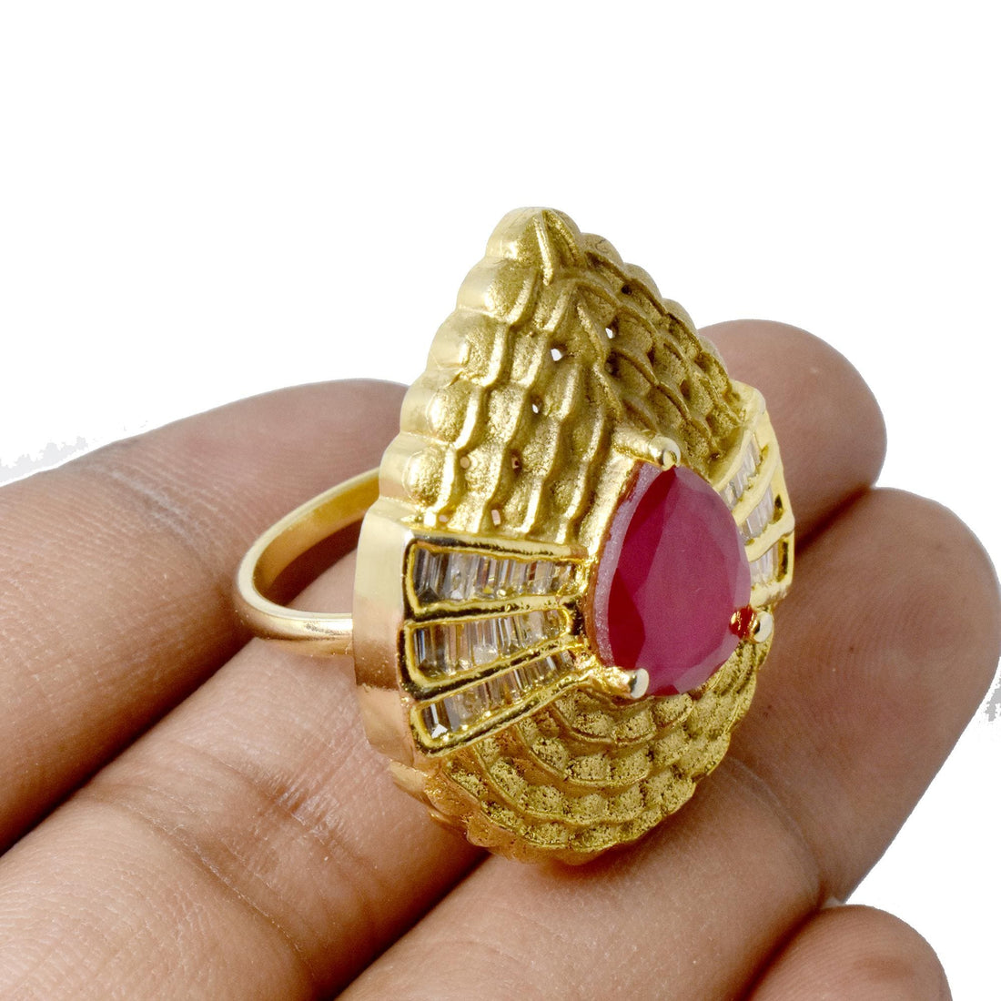 Ruby CZ Diamond Adjustable Ring | Gold Plated Statement Ring | Cocktail Ring | Bridal Ring | Wedding Ring | Engagement Ring | Gift For Her — 5
