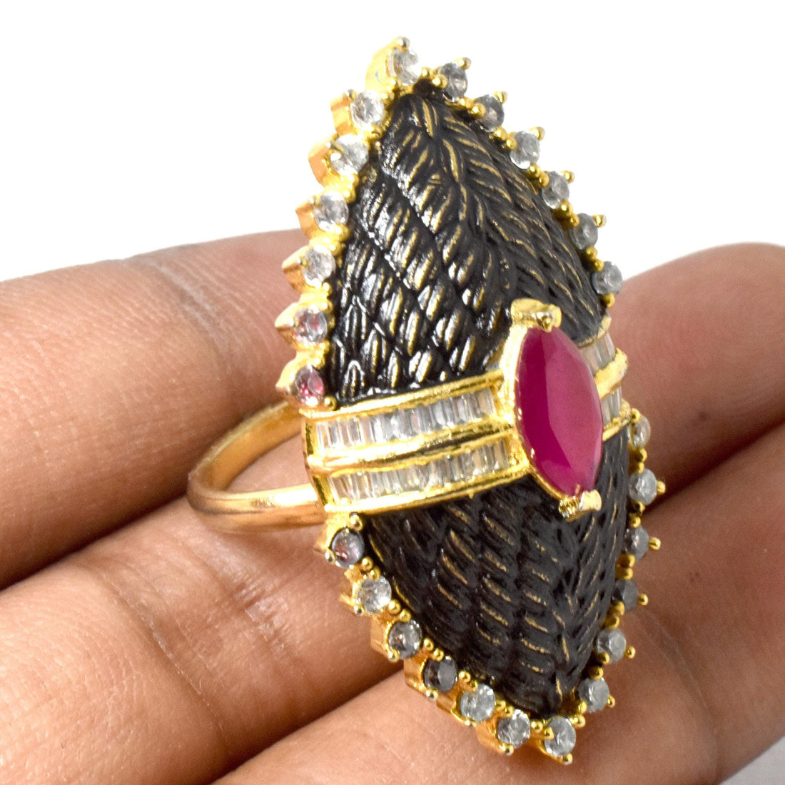 Victorian Ruby CZ Diamond Adjustable Ring | 22K Gold Plated Ring |Cocktail Ring | Bridal Ring | Wedding Ring | Engagement Ring |Gift For Her — 5