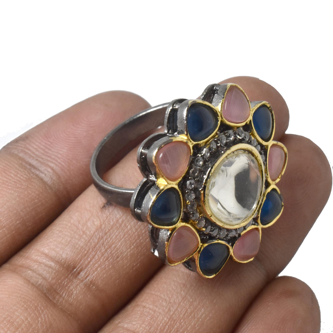 Multi Stone Statement Ring | Black Plated Adjustable Band | CZ Diamond Cocktail Ring | Bridal Wedding Engagement Ring | Gift For Her — 6