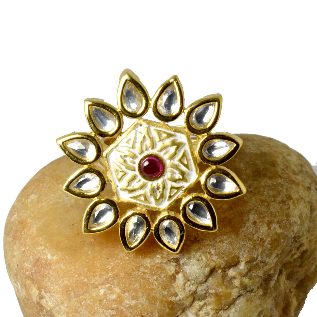 Red Ruby Polki CZ Diamond Cocktail Ring | 22K Gold Plated Adjustable Ring | Bridal Ring | Wedding Ring | Engagement Ring | Gift For Her — 6