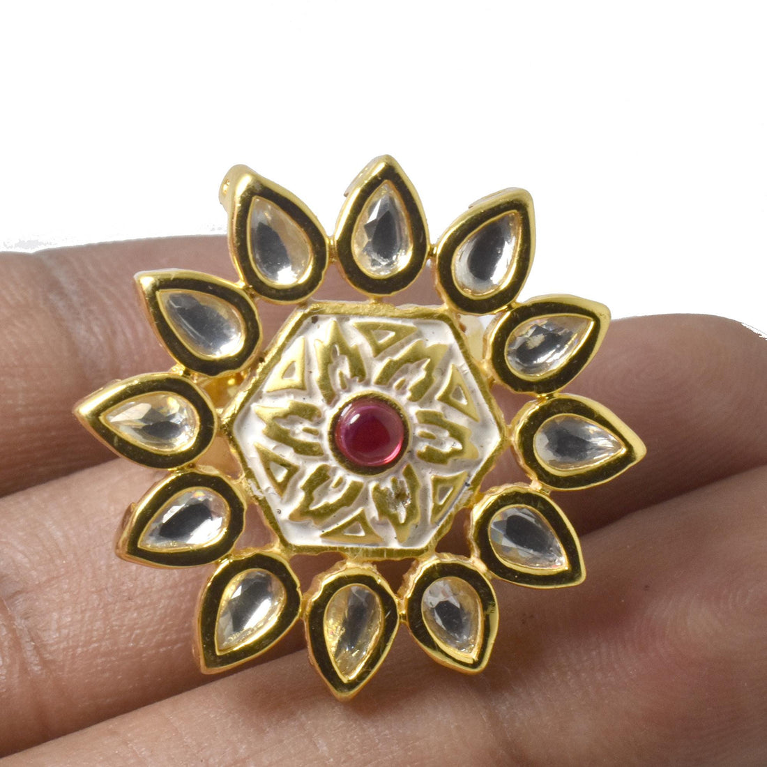 Red Ruby Polki CZ Diamond Cocktail Ring | 22K Gold Plated Adjustable Ring | Bridal Ring | Wedding Ring | Engagement Ring | Gift For Her — 2