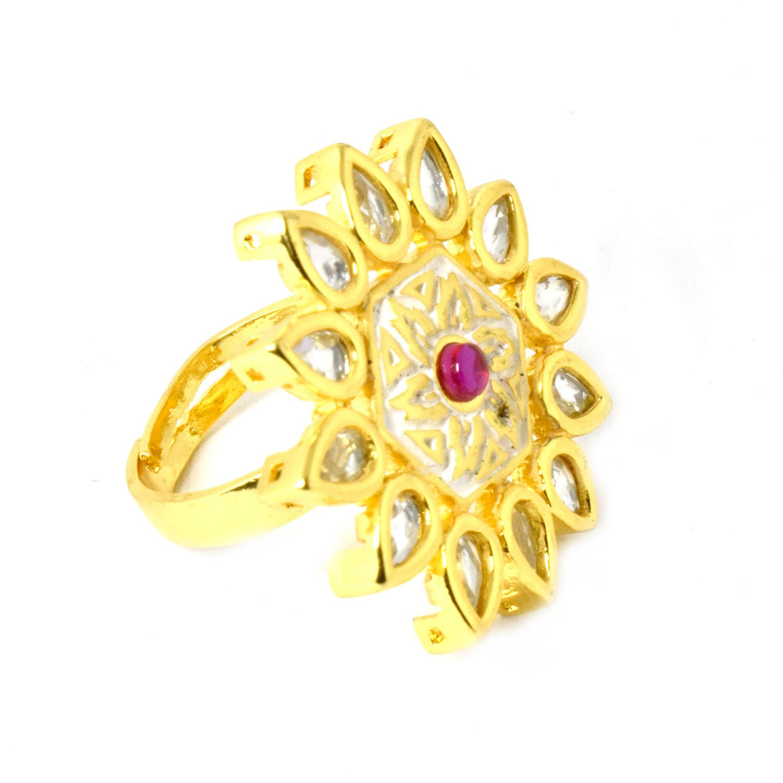 Red Ruby Polki CZ Diamond Cocktail Ring | 22K Gold Plated Adjustable Ring | Bridal Ring | Wedding Ring | Engagement Ring | Gift For Her — 8