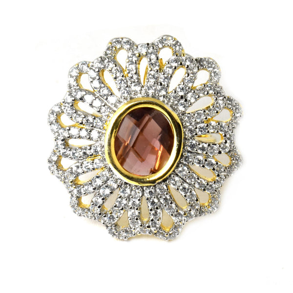 Smokey Quartz & CZ Ring: Gold Plated Adjustable Ring
