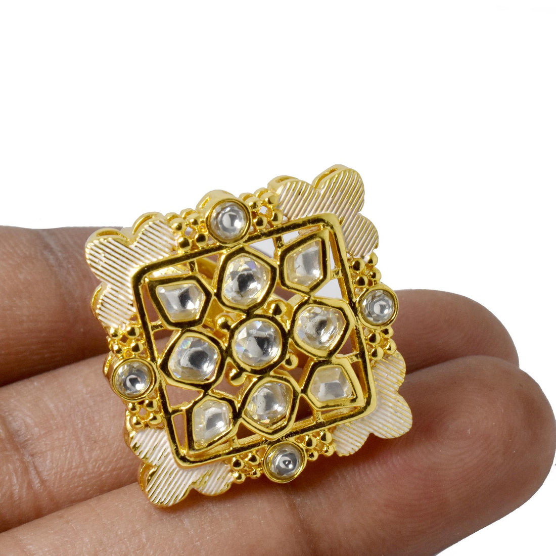 Polki CZ Diamond Ring: 22k Gold Plated Adjustable Statement Ring — 4