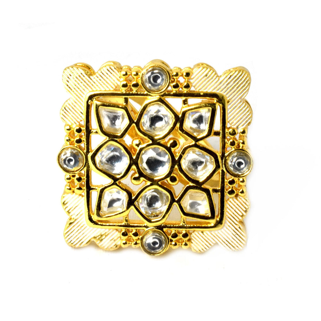 Polki CZ Diamond Ring: 22k Gold Plated Adjustable Statement Ring — 7