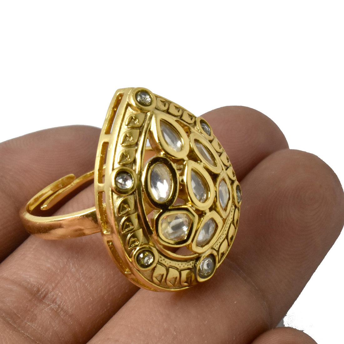 Polki CZ Diamond Ring: Yellow Gold Plated Cocktail Ring — 7