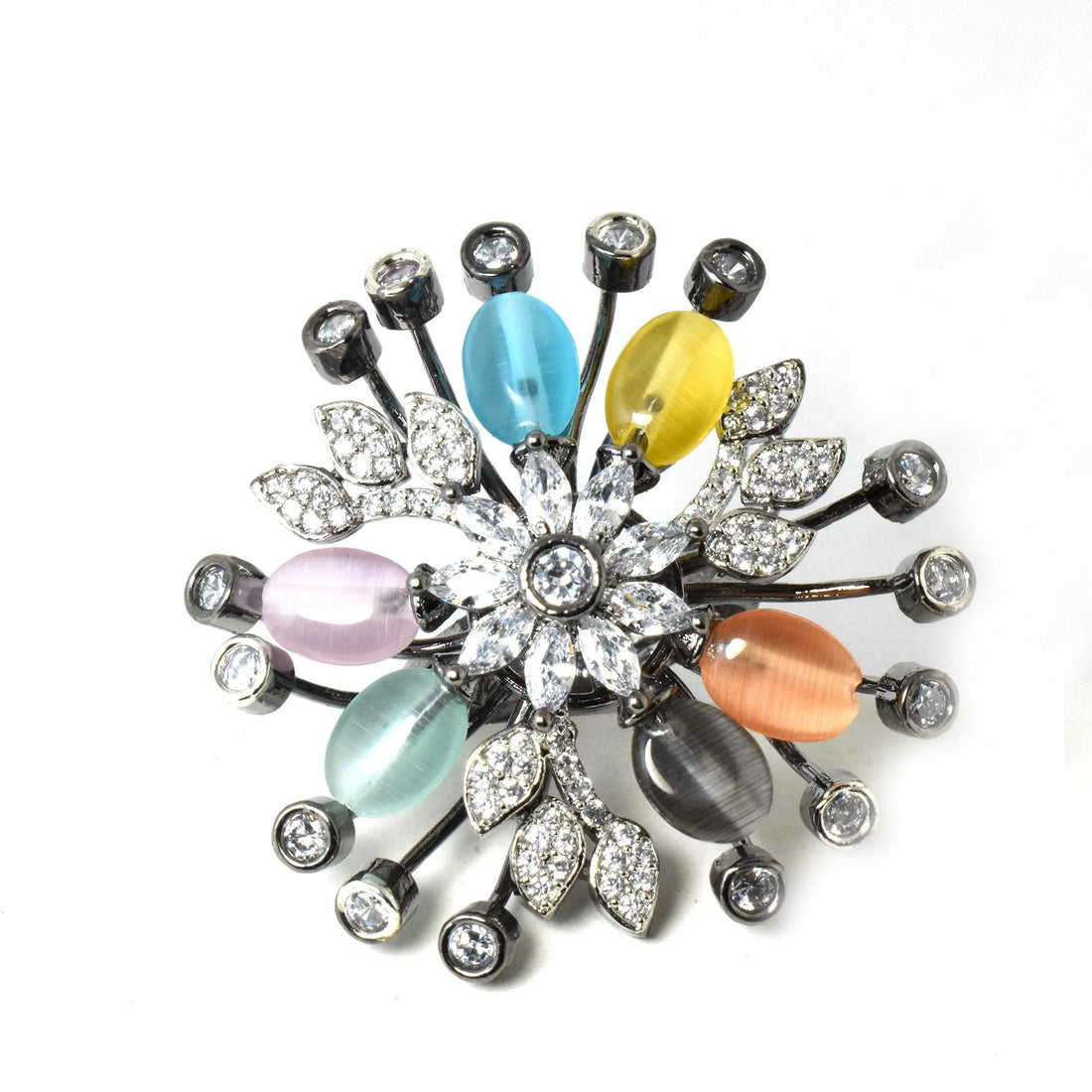 Floral Cat's Eye Stone Cocktail Ring: Adjustable Crystal Statement Jewelry — 4