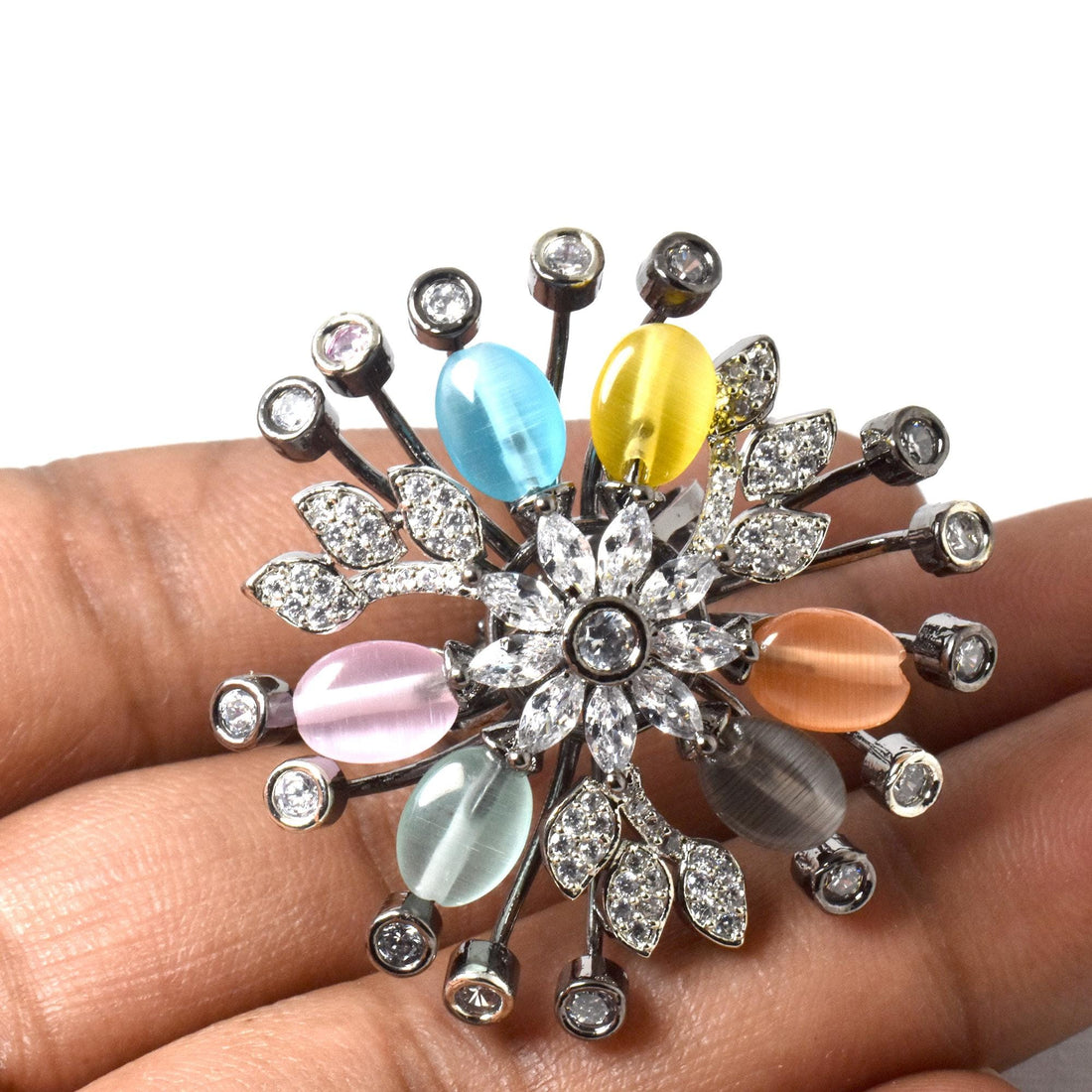 Floral Cat's Eye Stone Cocktail Ring: Adjustable Crystal Statement Jewelry — 5