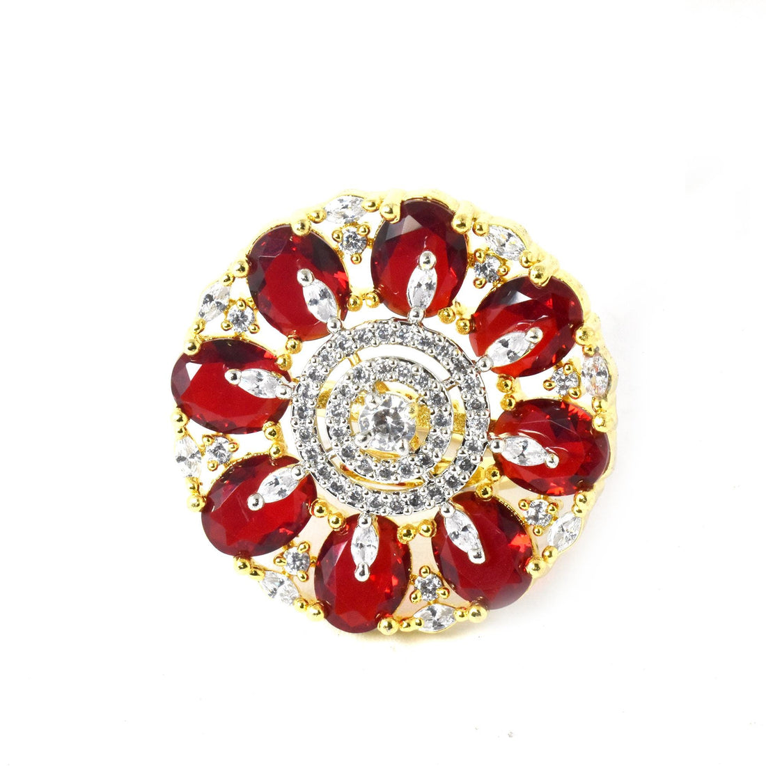 Ruby & CZ Diamond Cocktail Ring: Yellow Gold Plated Statement Jewelry — 3