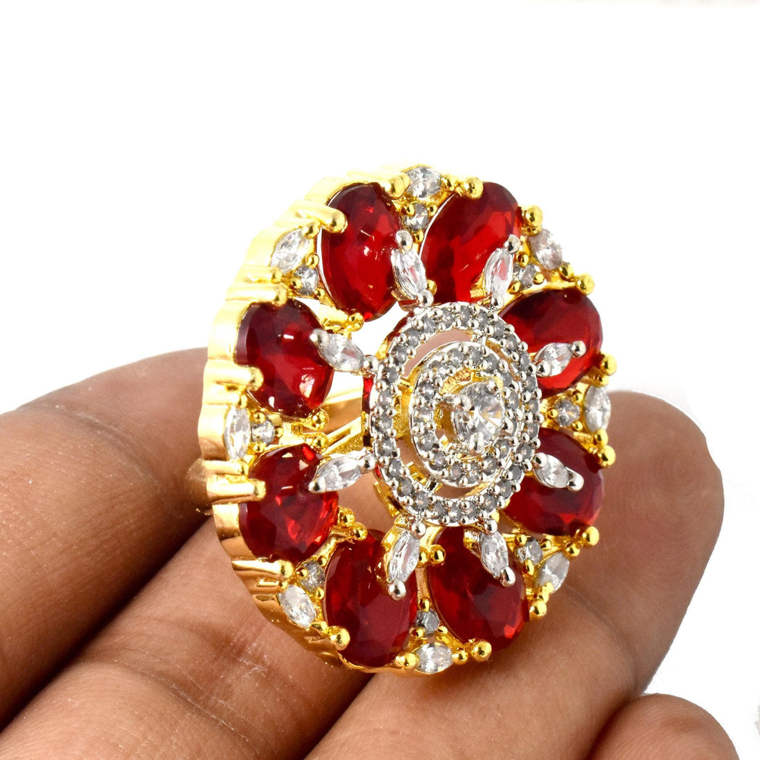 Ruby & CZ Diamond Cocktail Ring: Yellow Gold Plated Statement Jewelry — 2