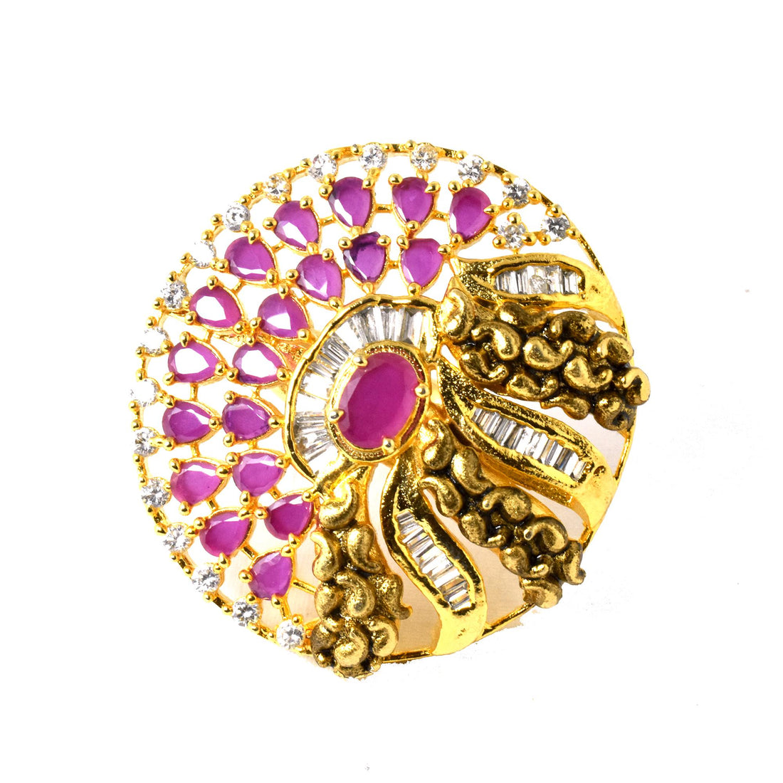 Ruby & CZ Diamond Cocktail Ring: Yellow Gold Plated, Adjustable — 3