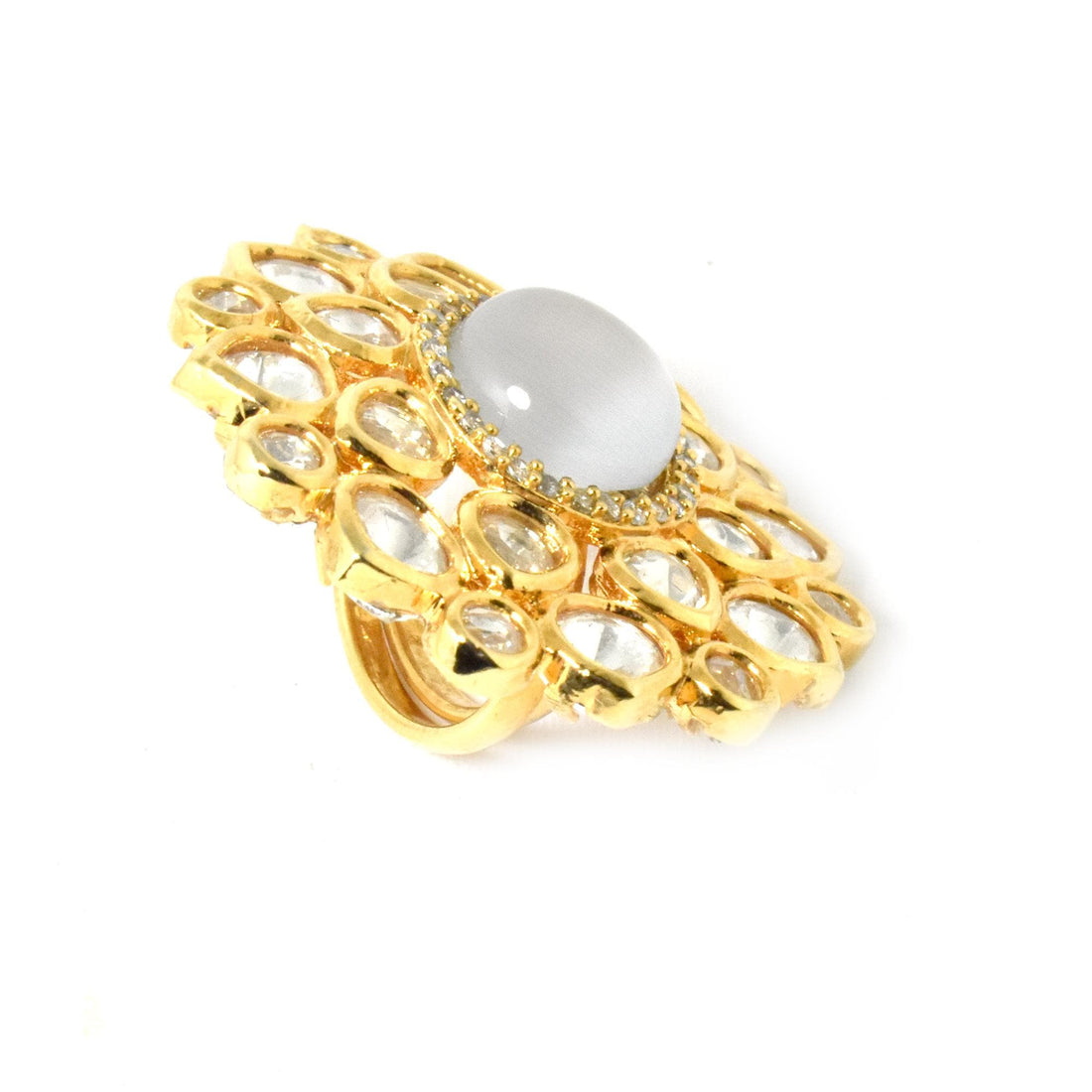 Yellow Gold Plated Selenite Polki CZ Ring | Traditional Indian Bridal Statement Cocktail Jewelry | Engagement Ring | Gift For Women — 7