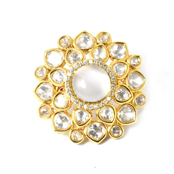 Yellow Gold Plated Selenite Polki CZ Ring | Traditional Indian Bridal Statement Cocktail Jewelry | Engagement Ring | Gift For Women