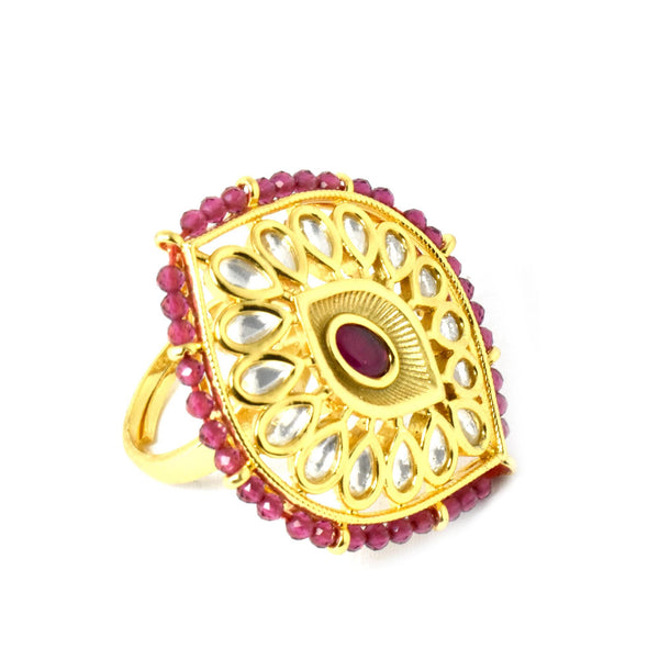 Ruby Polki CZ Diamond Statement Ring | Yellow Gold Plated Indian Bridal Cocktail Ring | Wedding Party Wear Jewelry | Gift For Her