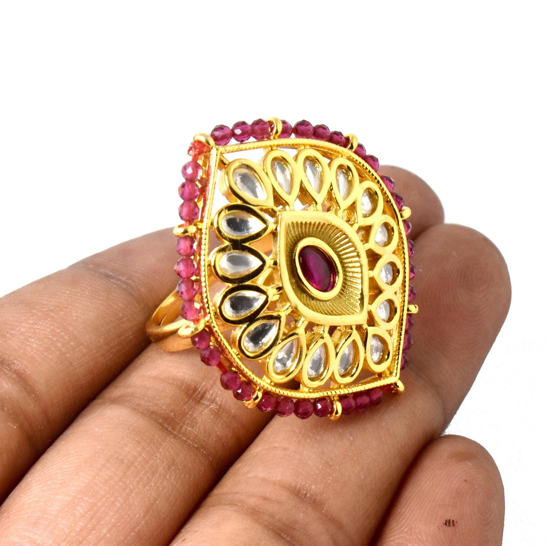 Ruby Polki CZ Diamond Statement Ring | Yellow Gold Plated Indian Bridal Cocktail Ring | Wedding Party Wear Jewelry | Gift For Her — 5