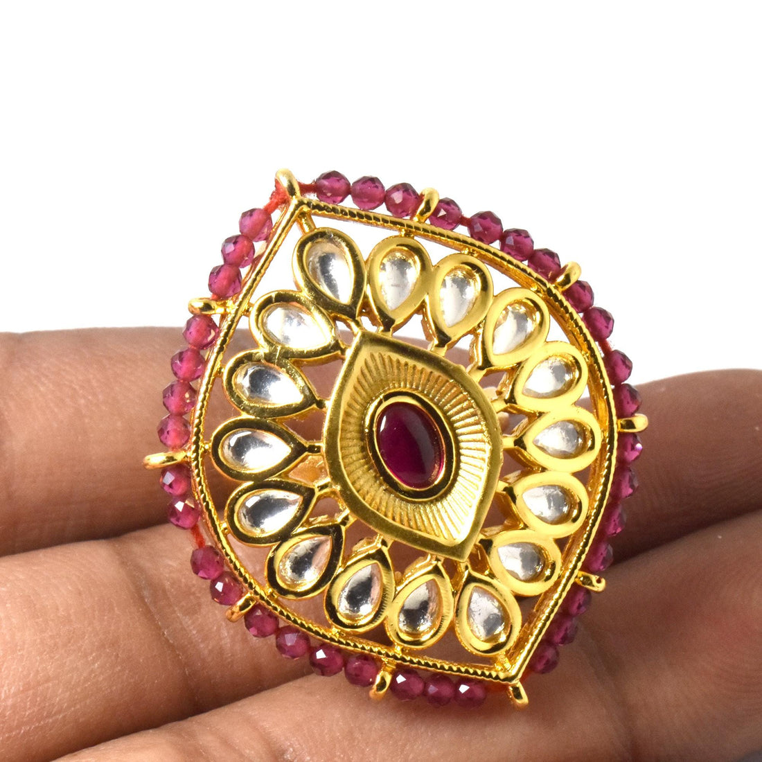 Ruby Polki CZ Diamond Statement Ring | Yellow Gold Plated Indian Bridal Cocktail Ring | Wedding Party Wear Jewelry | Gift For Her — 2