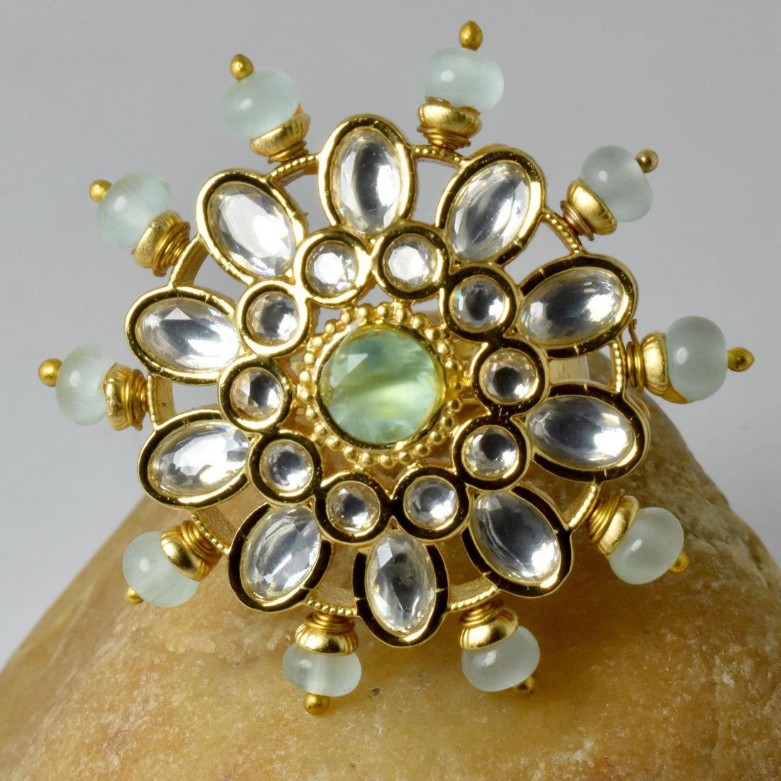 Yellow Gold Plated Polki CZ Diamond Multi Gemstone Ring | Traditional Bridal Cocktail Statement Jewelry | Engagement Ring | Gift For Women — 7