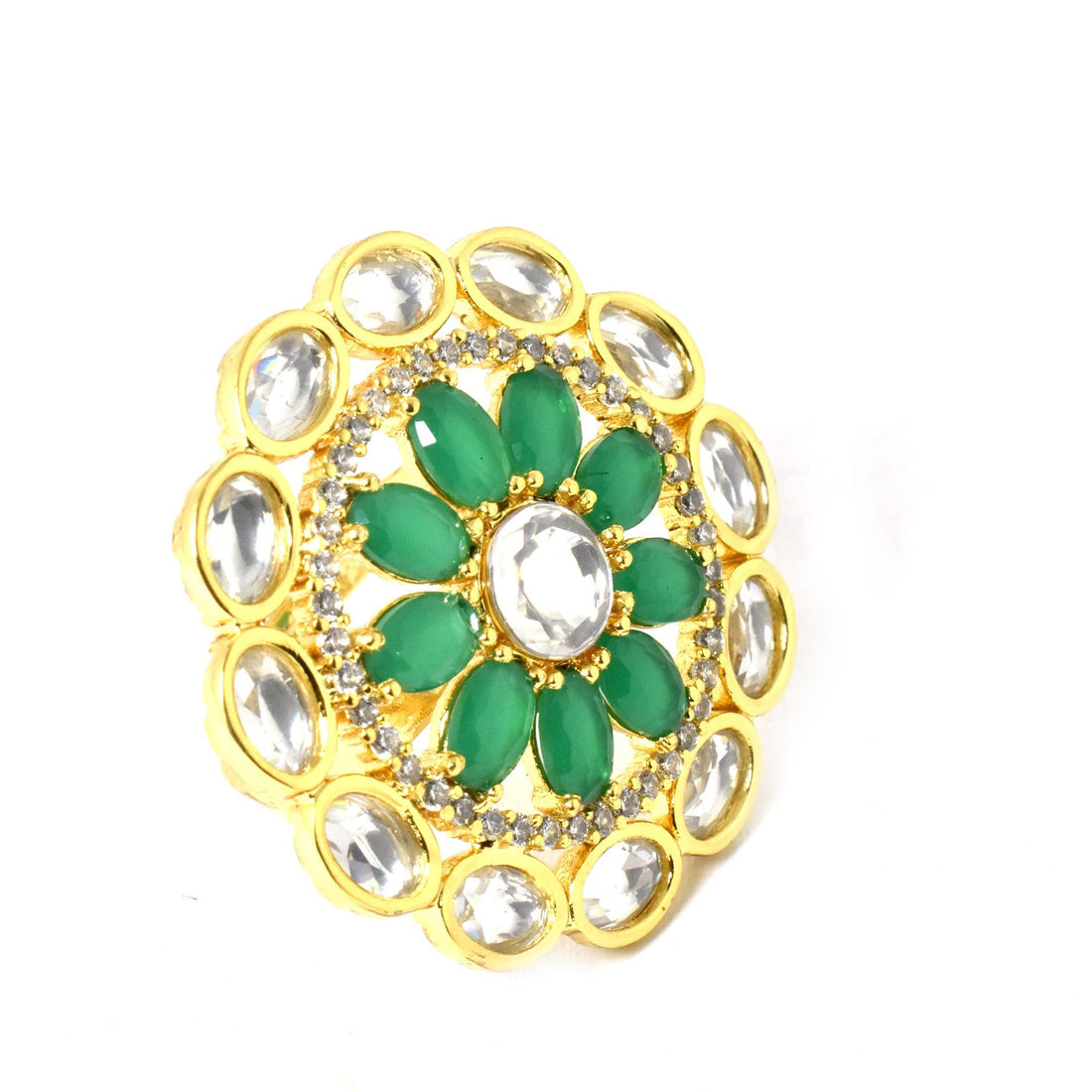 Lab Emerald CZ Diamond Halo Ring | Gold Plated Adjustable Bridal Cocktail Statement Jewelry | Engagement Party Wear Ring | Gift For Women — 2