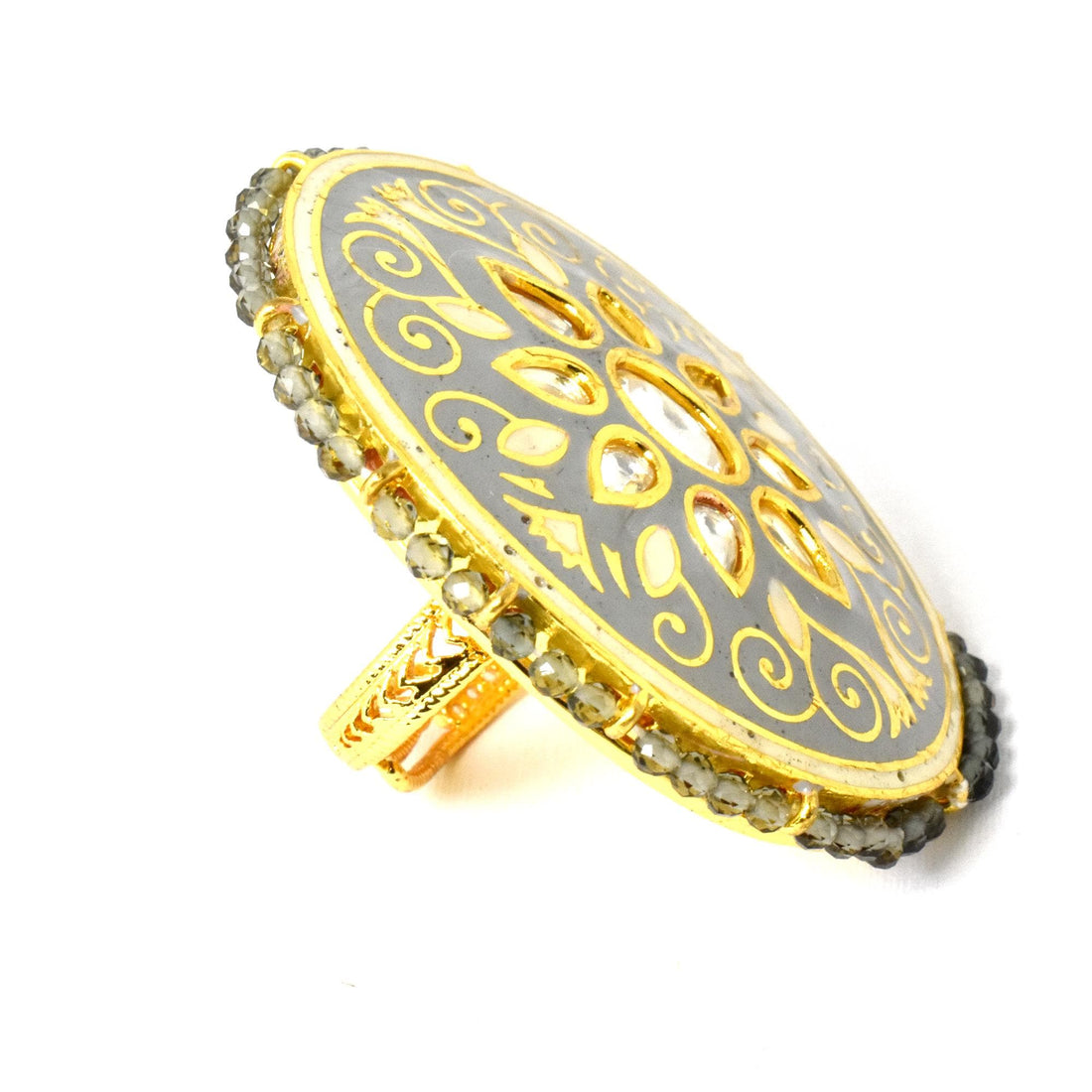 Kundan Polki CZ Diamond Ring | Yellow Gold Plated Traditional Indian Bridal Statement Jewelry | Wedding Cocktail Wear Ring | Gift For Her — 8