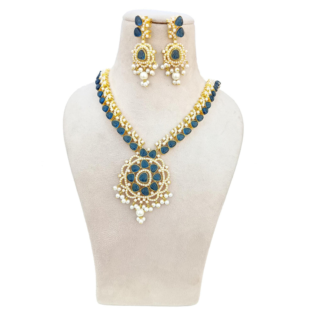22K Gold Plated Gemstone Carving Necklace | Sapphire Rose Quartz Pearl Emerald | Bridal Wedding Jewelry Necklace — 2