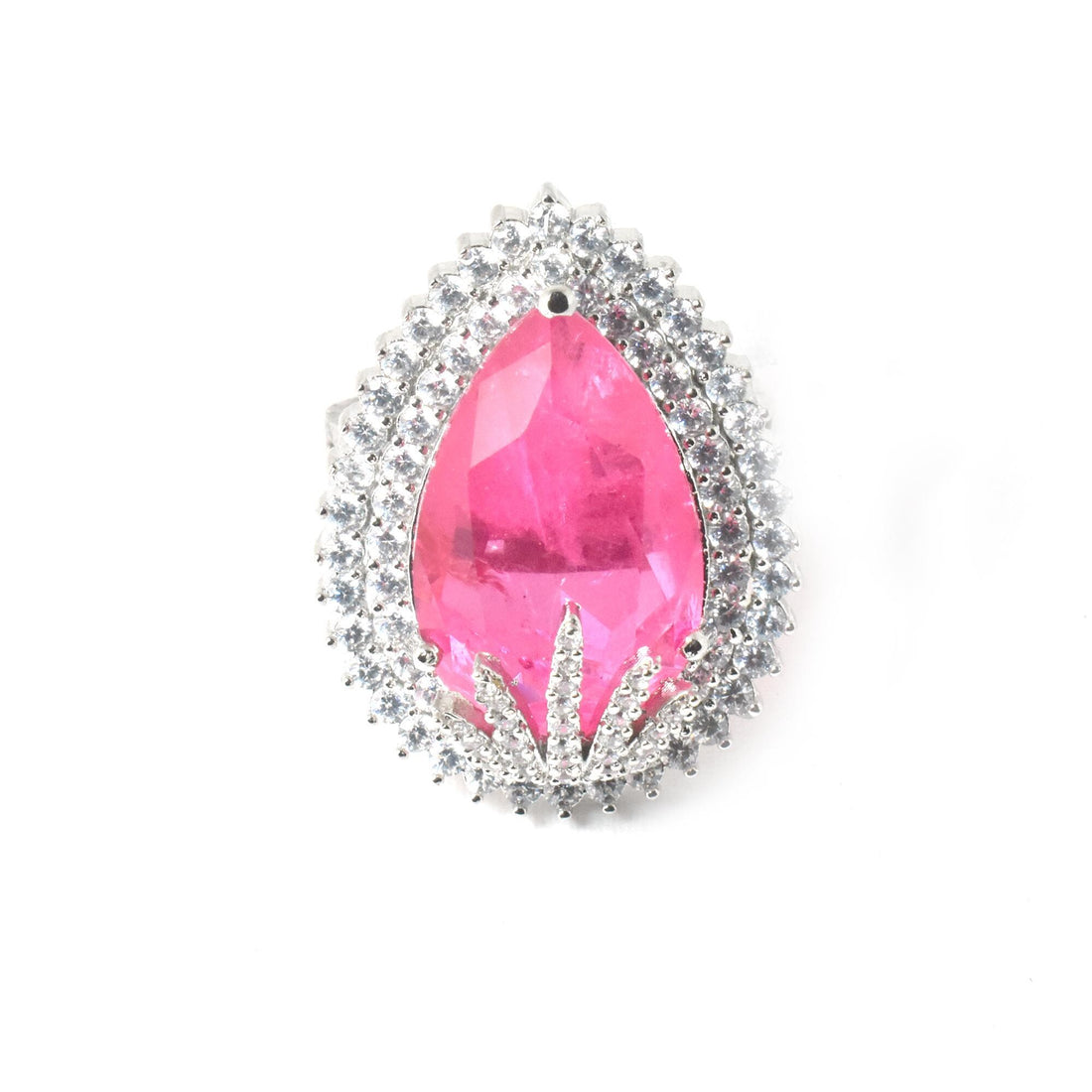 Pink Quartz & CZ Diamond Cocktail Ring - White Plated Adjustable Ring | Gift For Her — 3