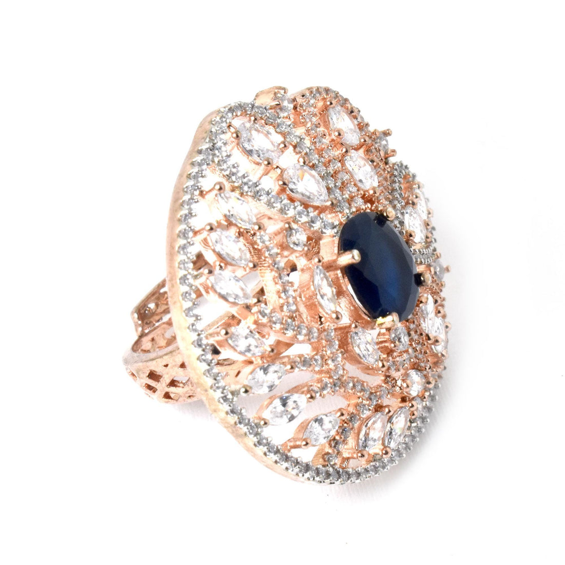 Rose Gold Plated Sapphire Ring with CZ Diamond Halo | Adjustable Bridal Statement Ring | Elegant Cocktail Party Wear Jewelry | Gift For Her — 4