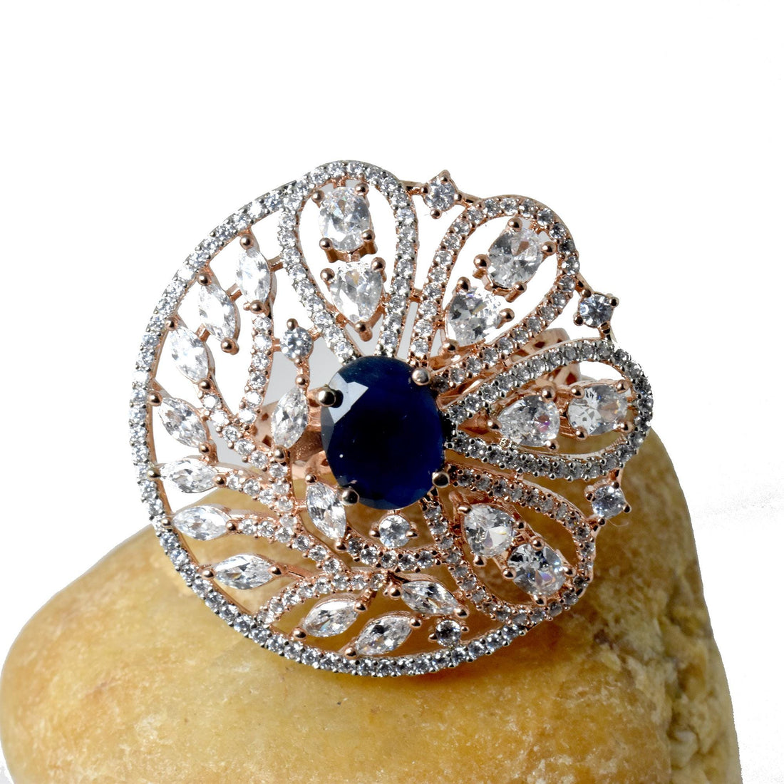 Rose Gold Plated Sapphire Ring with CZ Diamond Halo | Adjustable Bridal Statement Ring | Elegant Cocktail Party Wear Jewelry | Gift For Her — 7