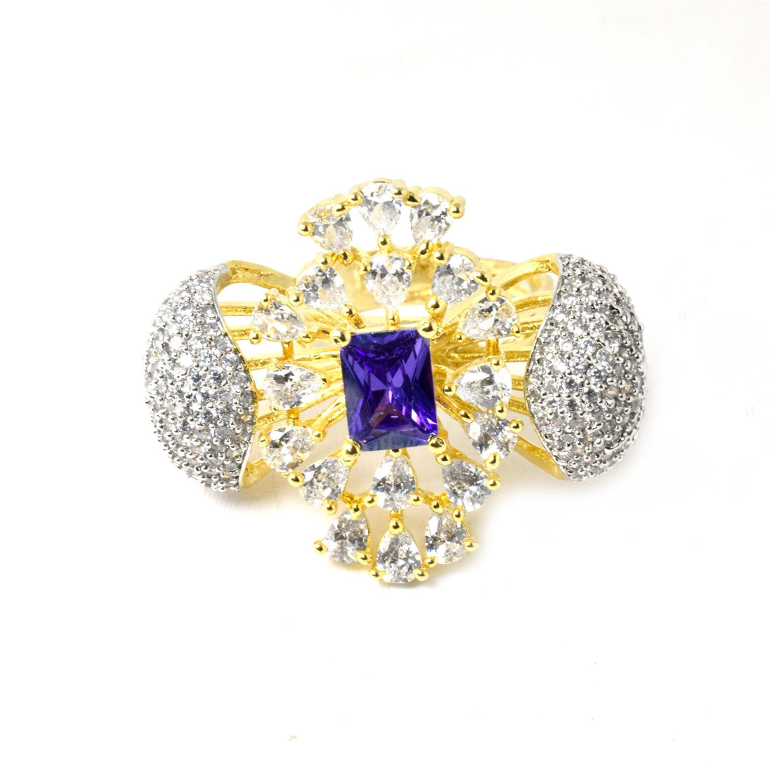 Yellow Gold Plated Amethyst CZ Diamond Ring | Indian Ethnic Bridal Statement Jewelry | Wedding Ring | Engagement Ring | Gift For Women — 2