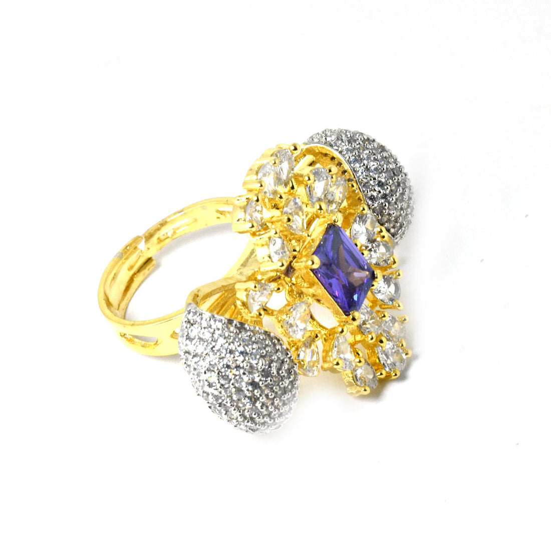Yellow Gold Plated Amethyst CZ Diamond Ring | Indian Ethnic Bridal Statement Jewelry | Wedding Ring | Engagement Ring | Gift For Women — 3