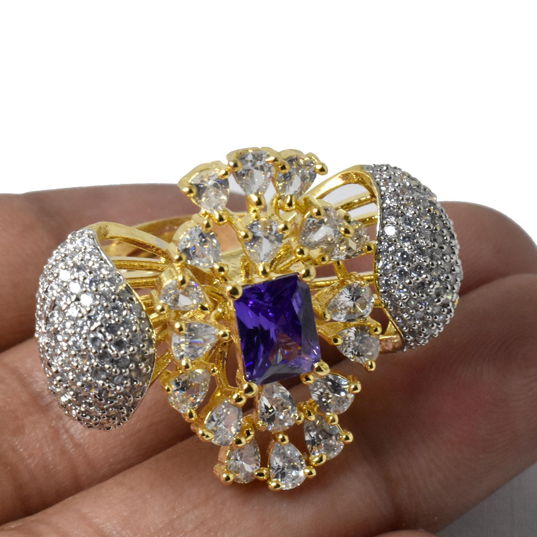 Yellow Gold Plated Amethyst CZ Diamond Ring | Indian Ethnic Bridal Statement Jewelry | Wedding Ring | Engagement Ring | Gift For Women — 5
