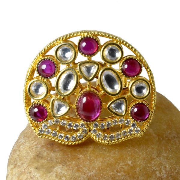 Ruby & Polki CZ Diamond Victorian Cocktail Ring | Yellow Gold Plated Vintage Bridal Statement Jewelry | Wedding Party Wear | Gift For Her