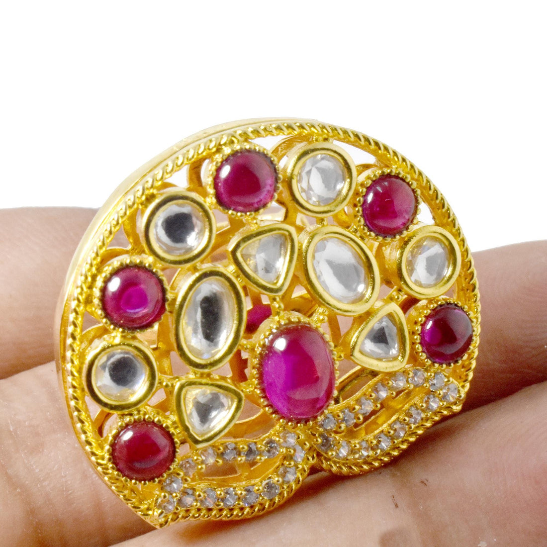 Ruby & Polki CZ Diamond Victorian Cocktail Ring | Yellow Gold Plated Vintage Bridal Statement Jewelry | Wedding Party Wear | Gift For Her — 5