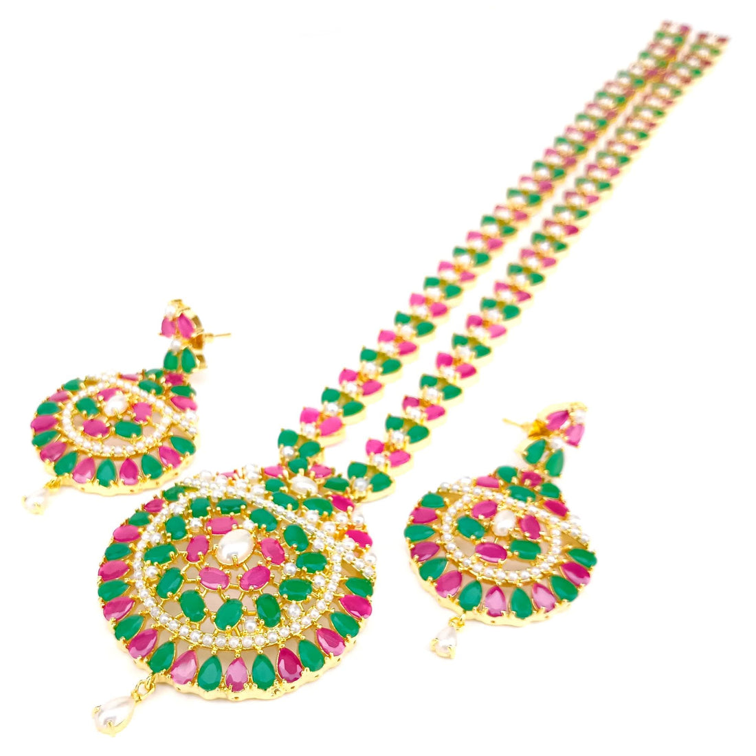 South Indian Ruby Emerald Pearl Necklace | Gold Plated Bridal Wedding Jewelry | Traditional Party Wear Necklace  | Gift for Women — 7